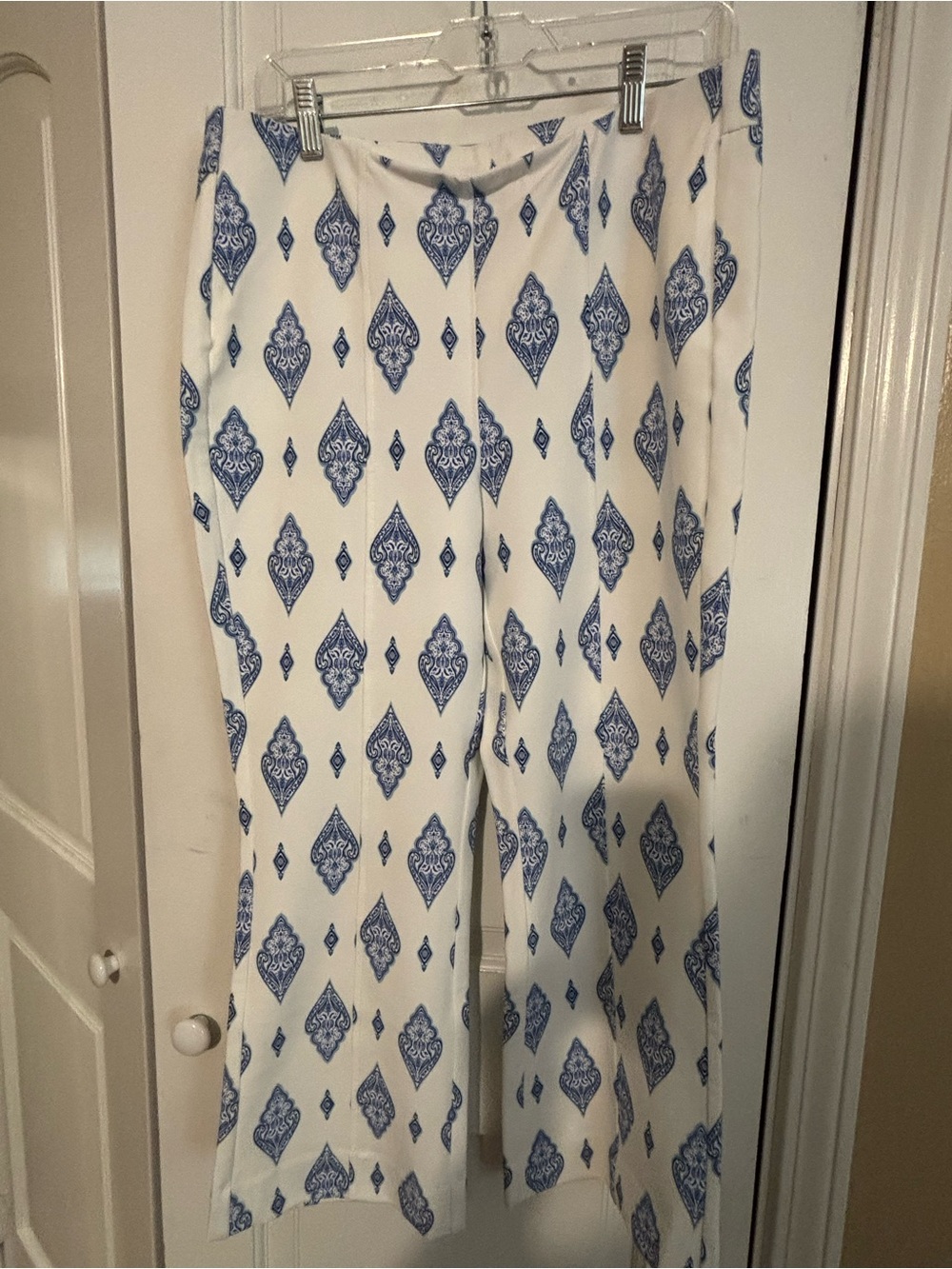 Chico's Cream Straight Leg Pants with Blue Medallion Print